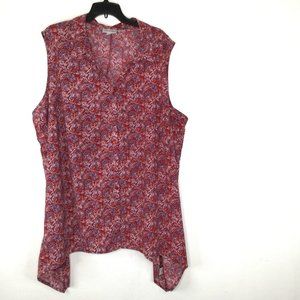 Catherines Blouse Women 4X Red Blue Button-Up Short Sleeve Asymmetrical Hem